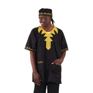 Panther Gold Embroidered Dashiki & Kufi Set: Black:Free