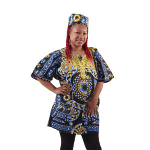 Embroidered Bold African Print Dashiki & Cap