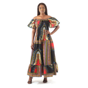 Trad Print Stretch-Top Princess Dress: Black