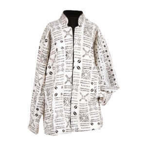 Mid-Length Mud Cloth Coat – No Collar: White/Black