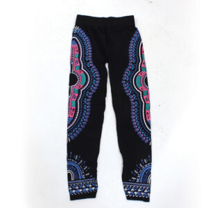 Traditional Print Black Leggings: Blu/Grn/Pnk