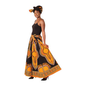 Traditional Print Maxi Skirt: Black/Orange