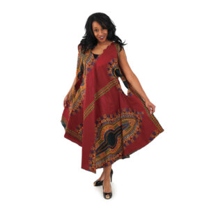 Traditional Print Umbrella Dress: Burgundy