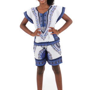 Children’s Dashiki & Shorts: White/Blue      – Small