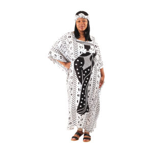 African Woman Mud Print Kaftan: White  A